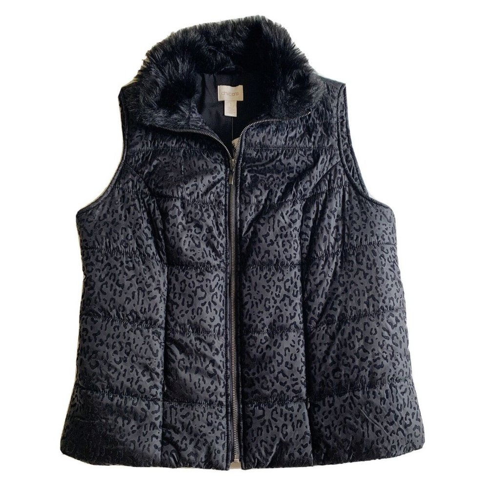 Chicos NWT Leopard Puffer Vest Faux Fur Neck Full Zip Velvet Print Size 1 Black